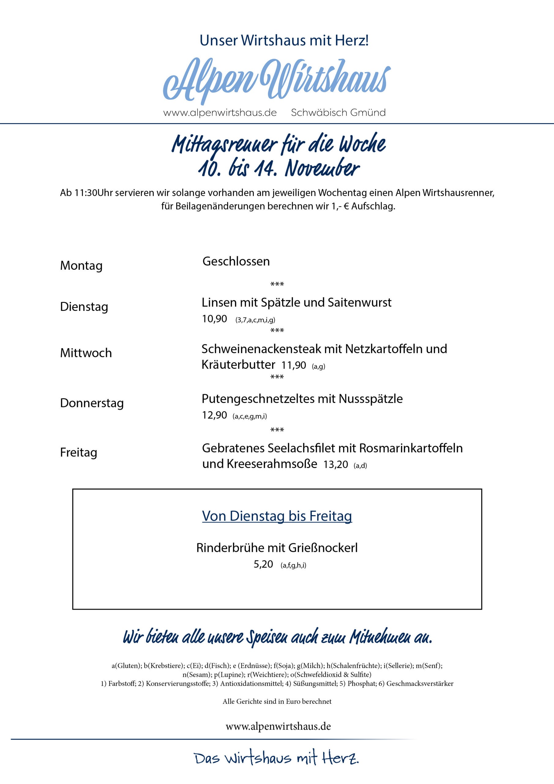 Wochenkarte, wechselnde Gerichte, Alpen Wirtshaus