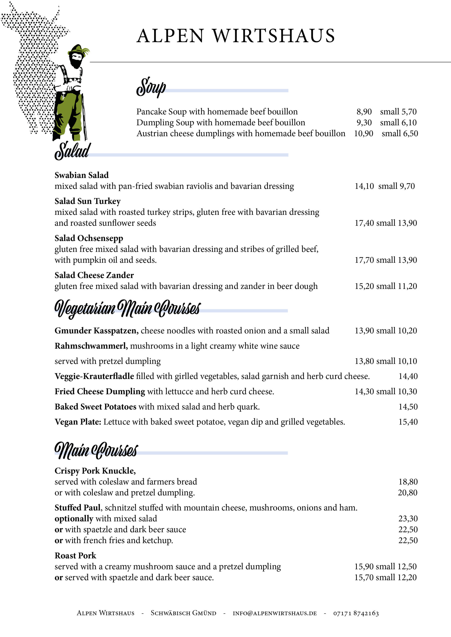 English Menu Card Alpen Wirtshaus
