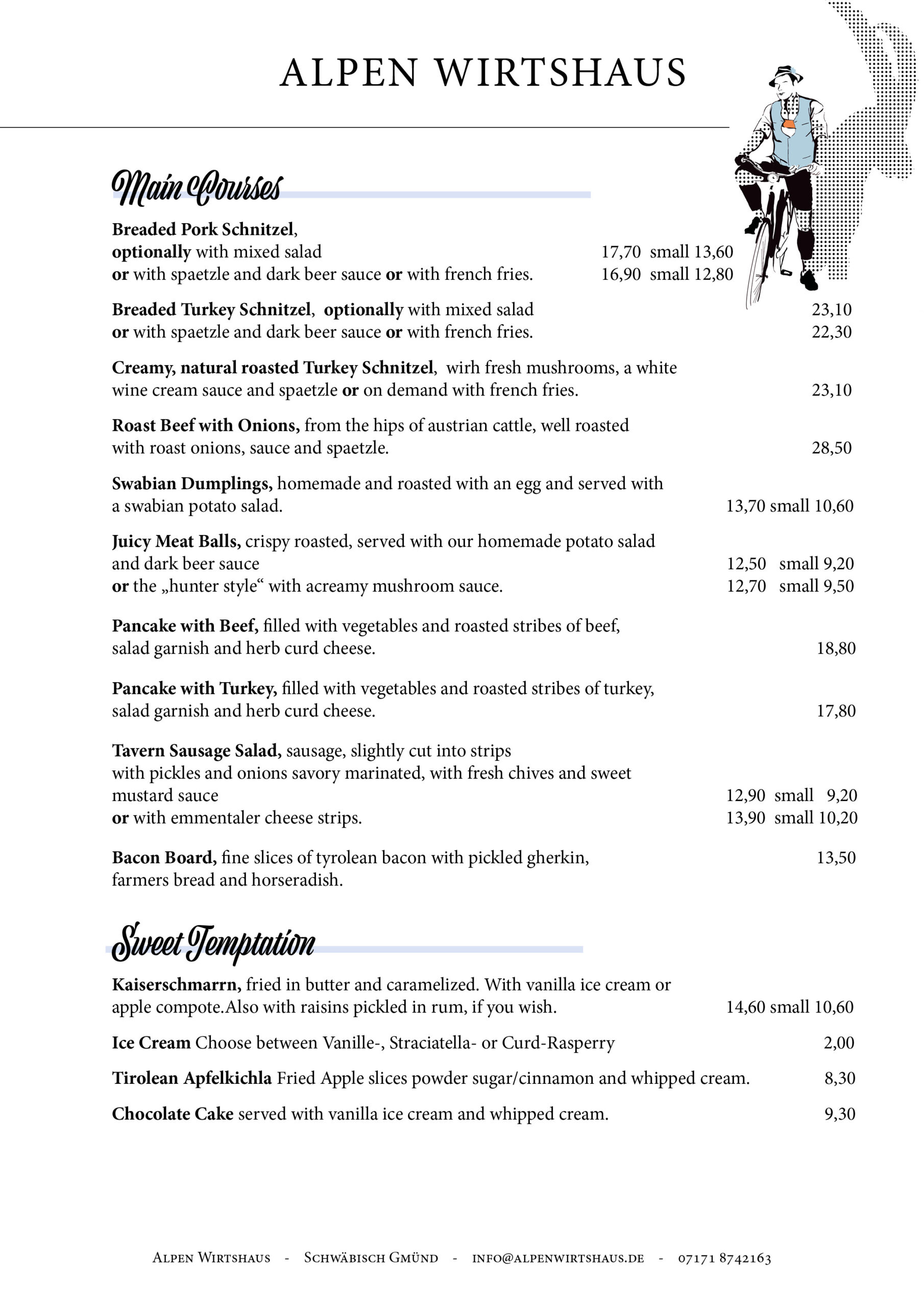 English Menu Card Summer Aplen Wirtshaus