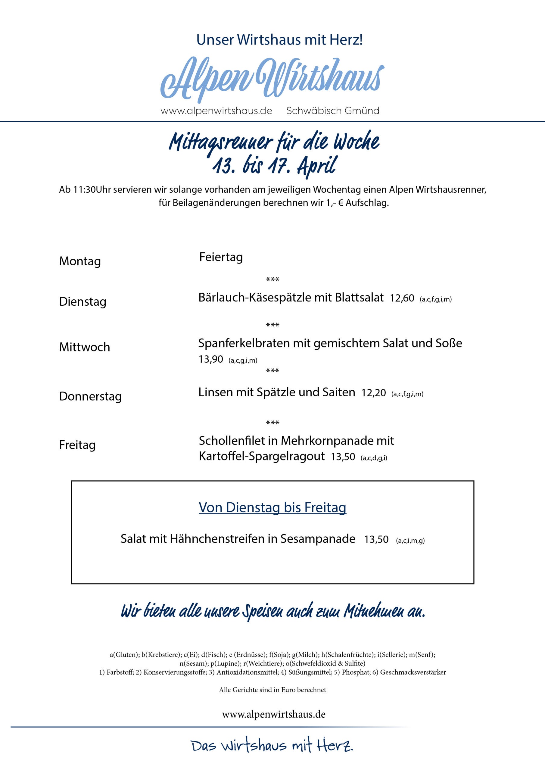 Wochenkarte, wechselnde Gerichte, Alpen Wirtshaus