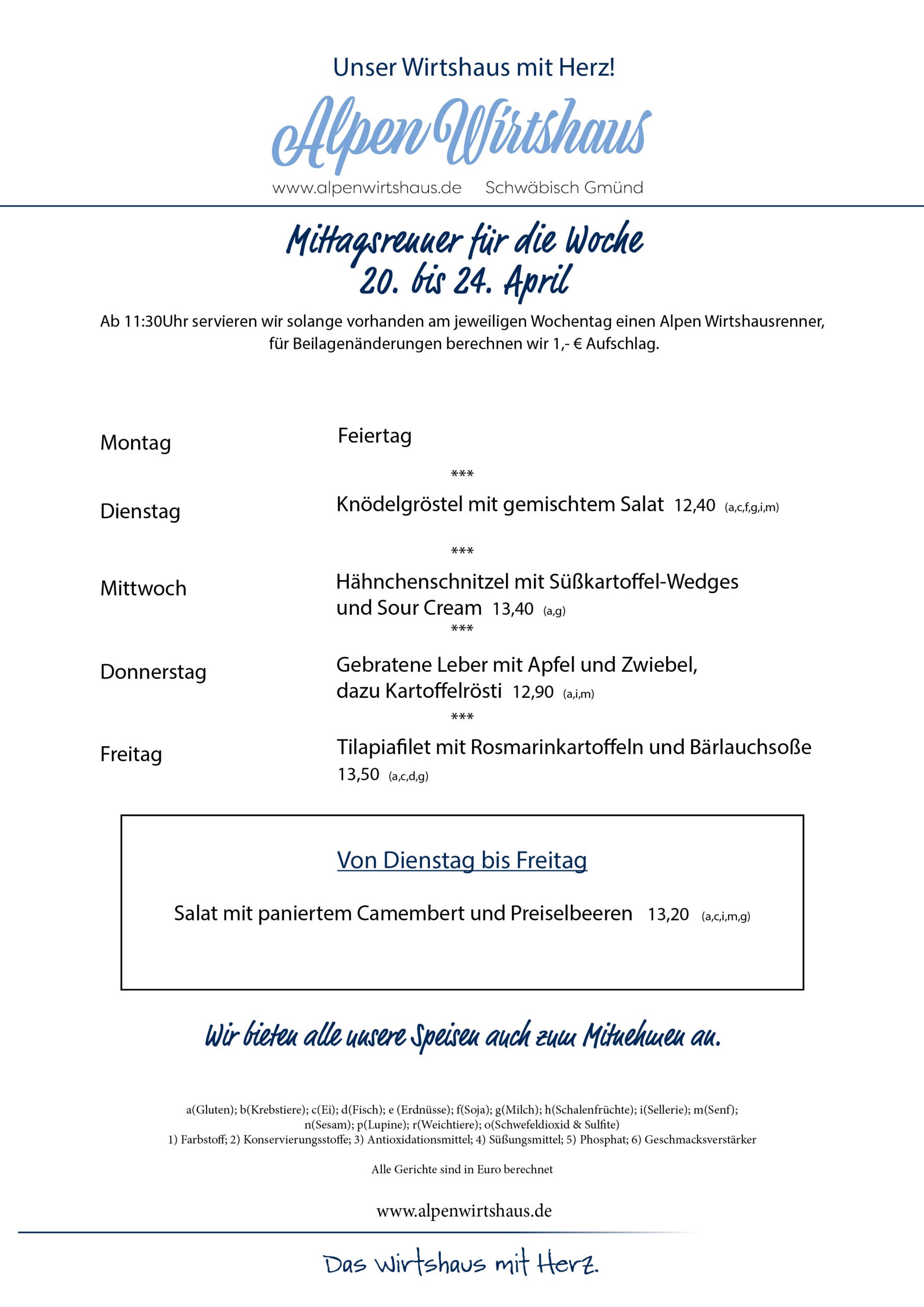 Wochenkarte, wechselnde Gerichte, Alpen Wirtshaus