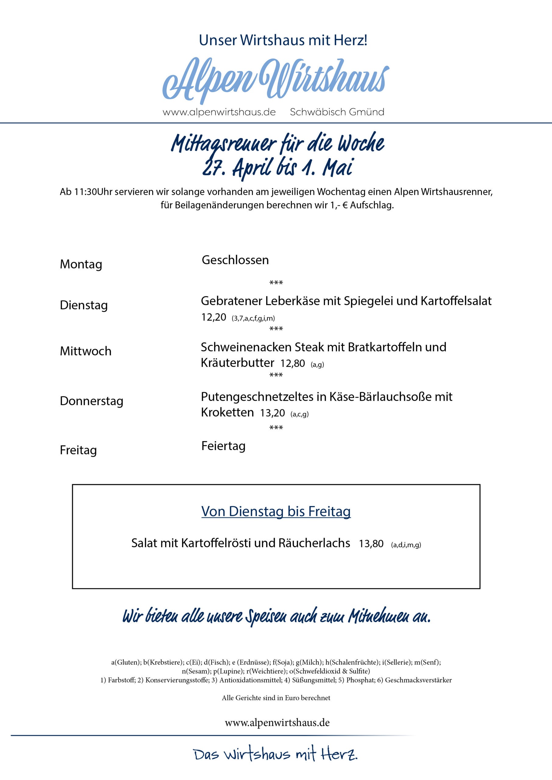 Wochenkarte, wechselnde Gerichte, Alpen Wirtshaus