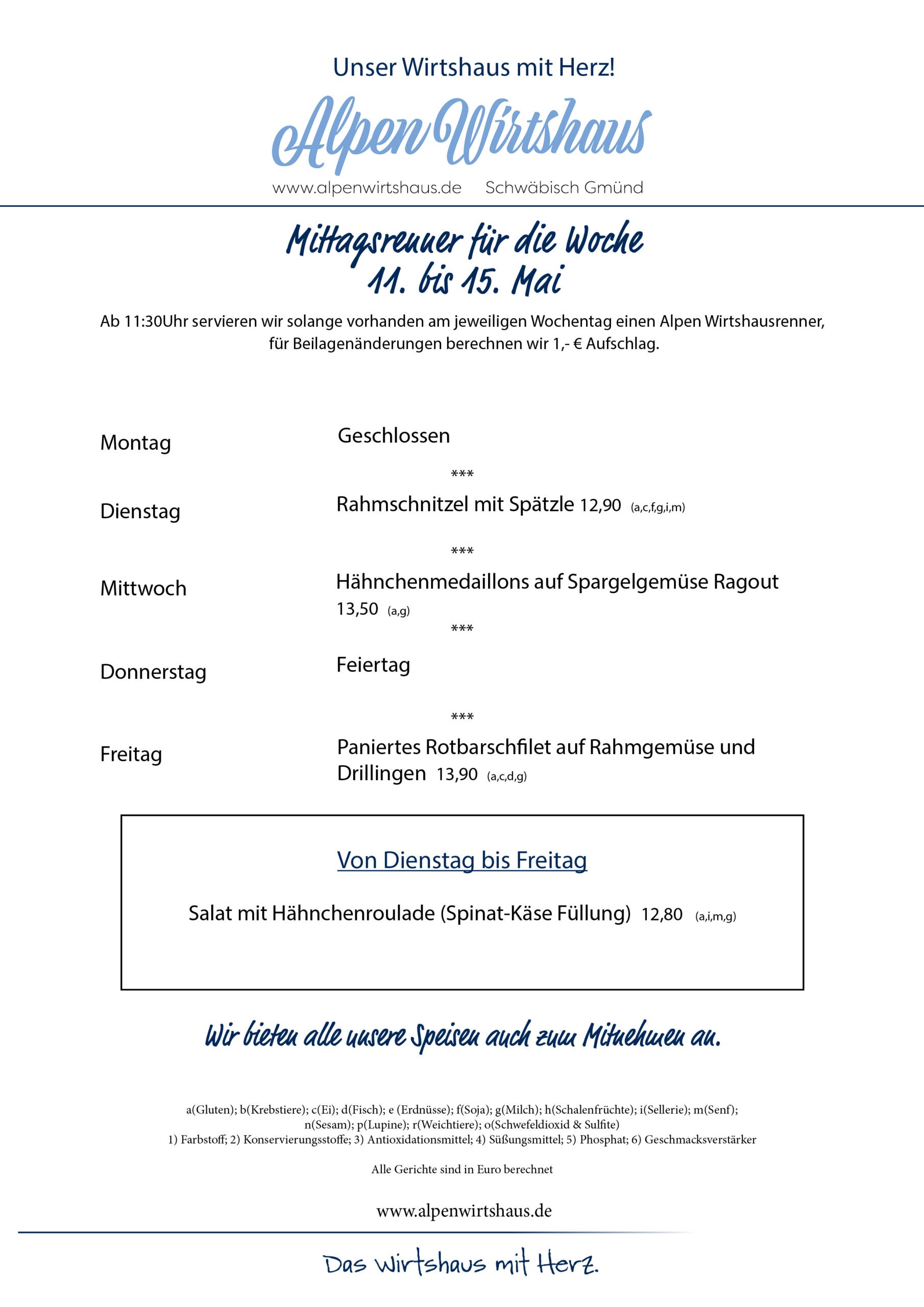 Wochenkarte, wechselnde Gerichte, Alpen Wirtshaus