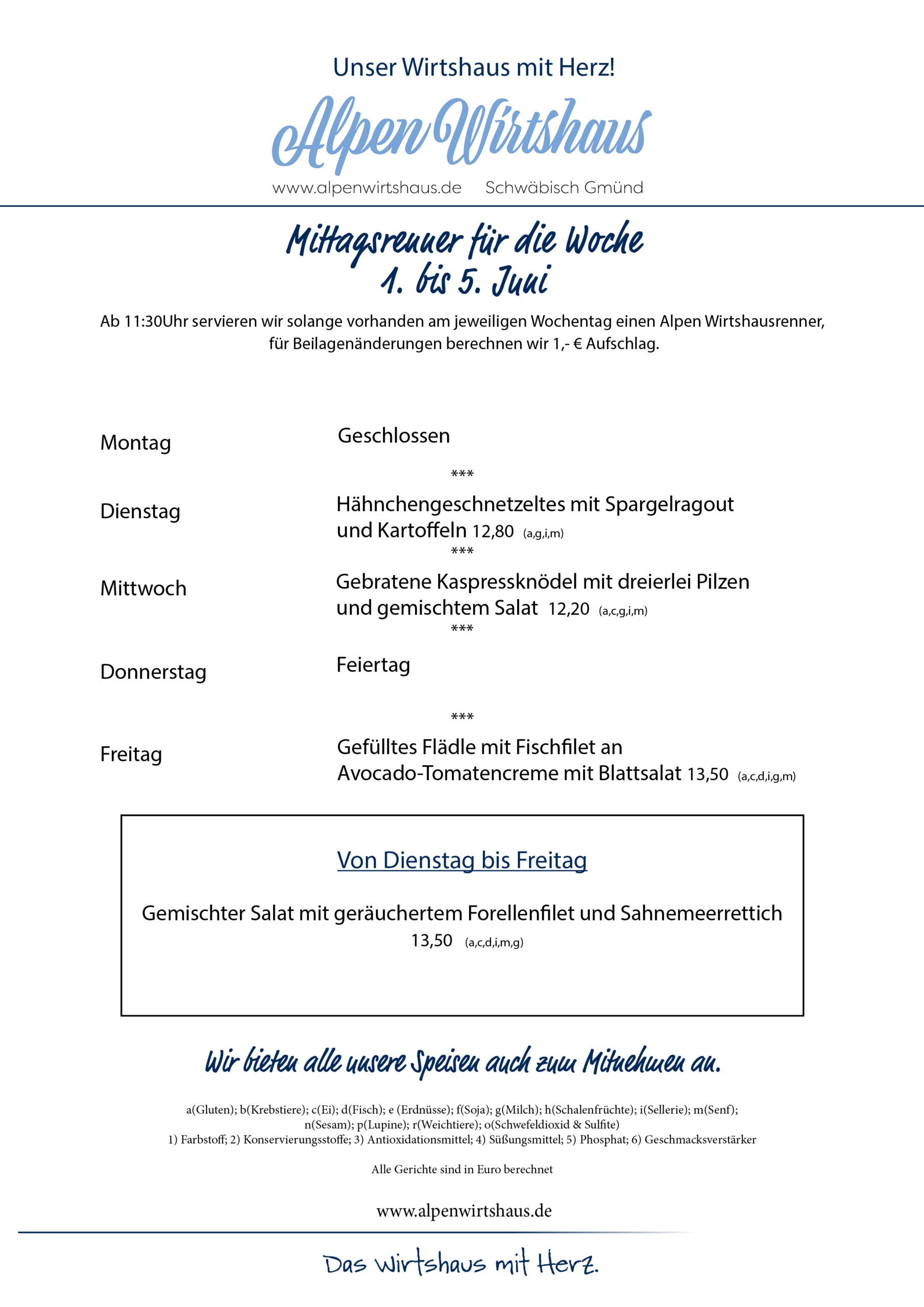 Wochenkarte, wechselnde Gerichte, Alpen Wirtshaus