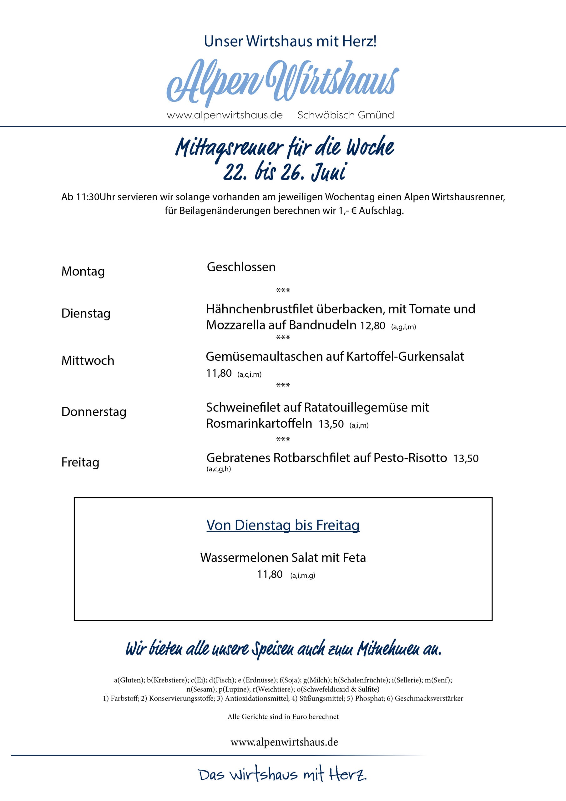Wochenkarte, wechselnde Gerichte, Alpen Wirtshaus