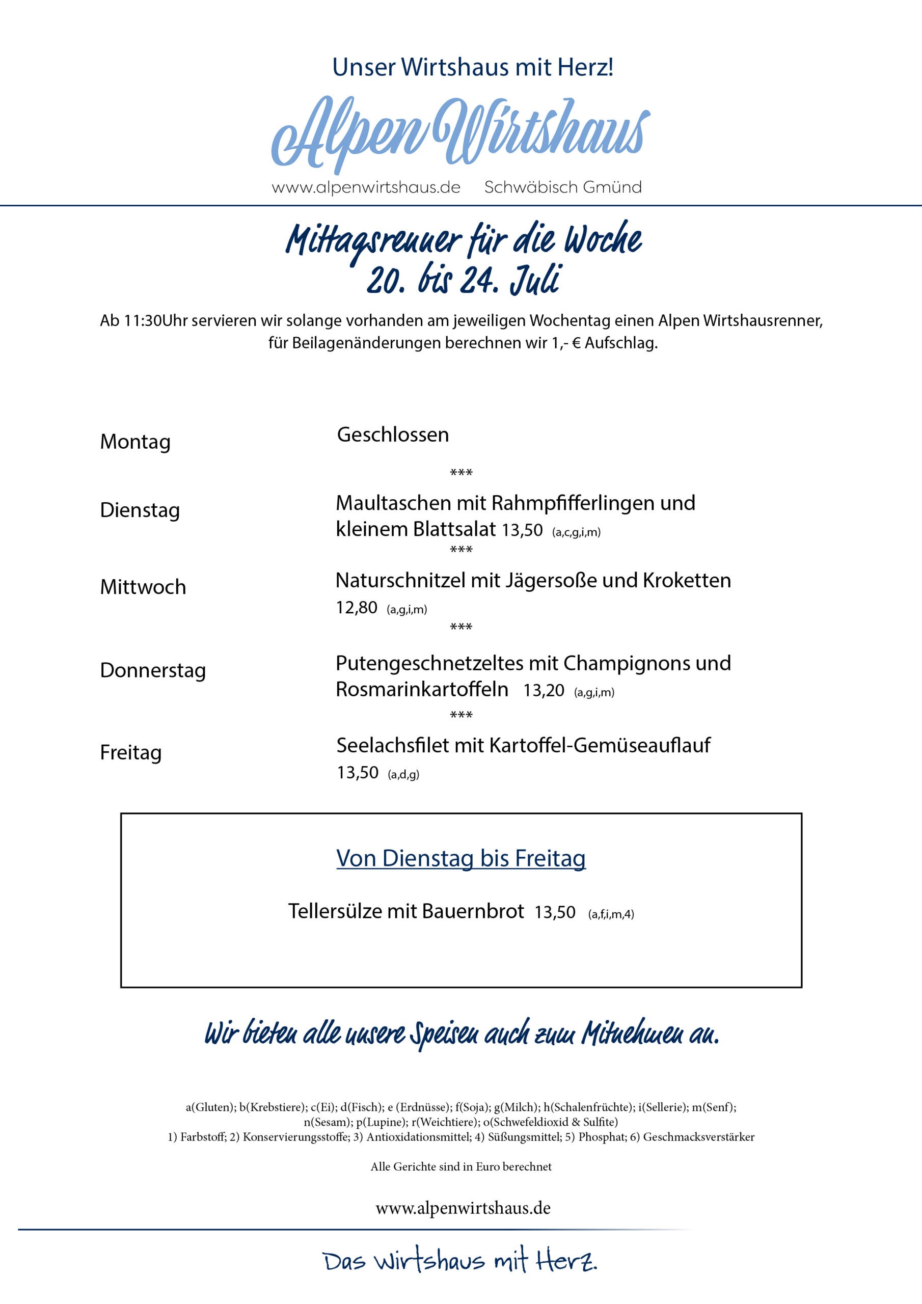 Wochenkarte, wechselnde Gerichte, Alpen Wirtshaus