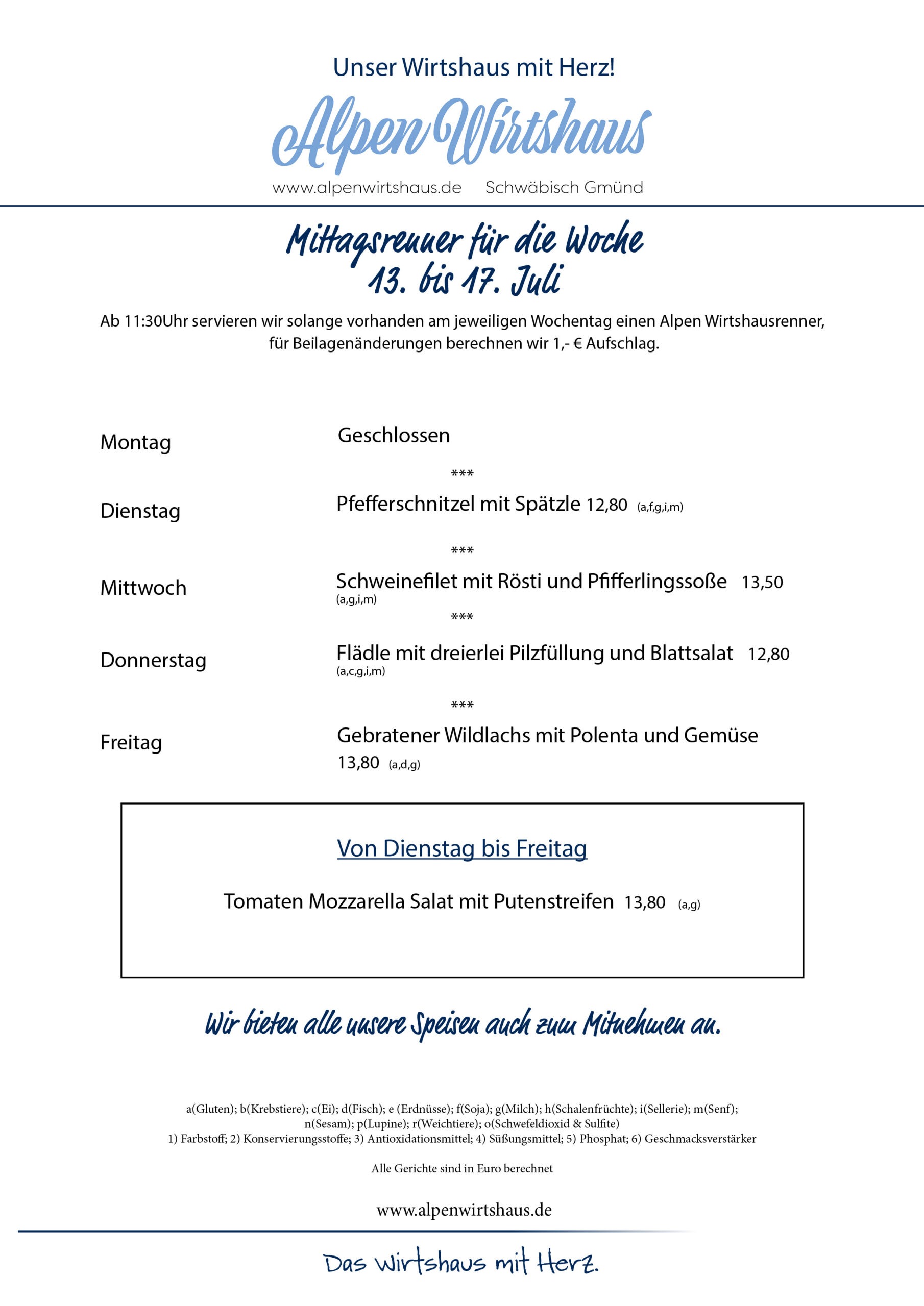 Wochenkarte, wechselnde Gerichte, Alpen Wirtshaus