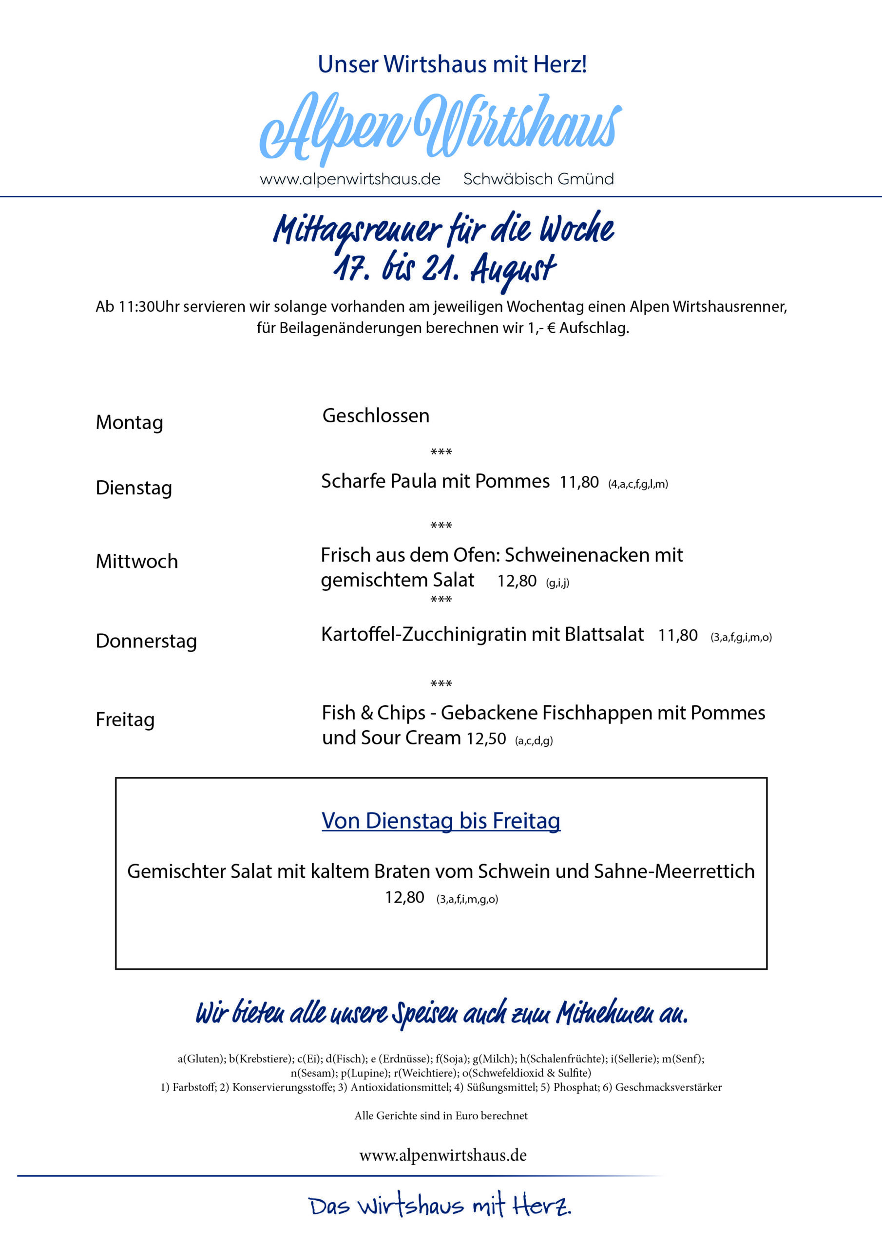 Wochenkarte, wechselnde Gerichte, Alpen Wirtshaus