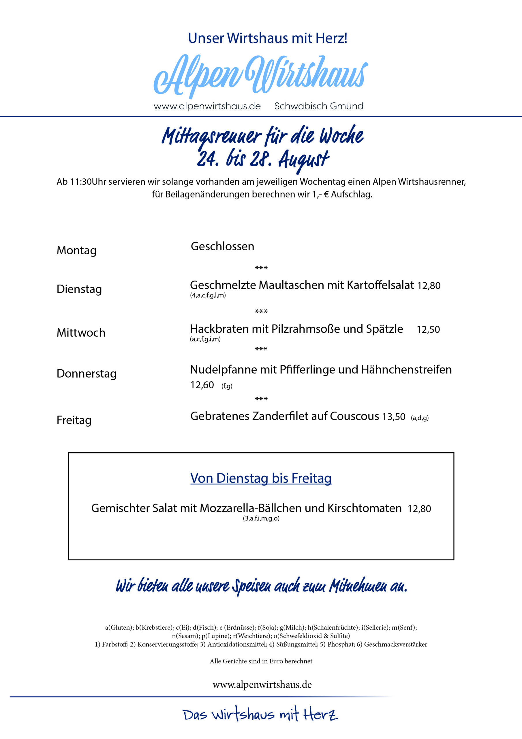 Wochenkarte, wechselnde Gerichte, Alpen Wirtshaus
