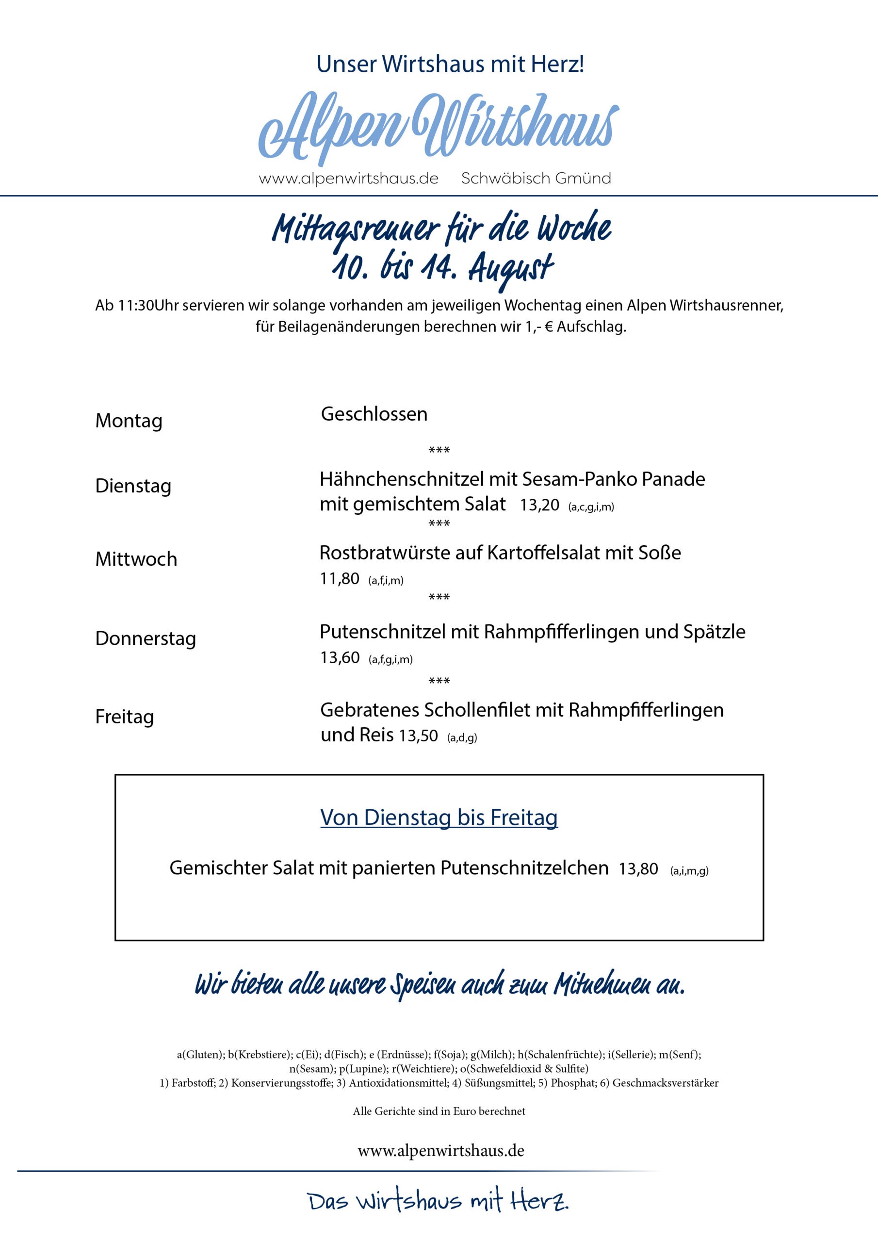 Wochenkarte, wechselnde Gerichte, Alpen Wirtshaus