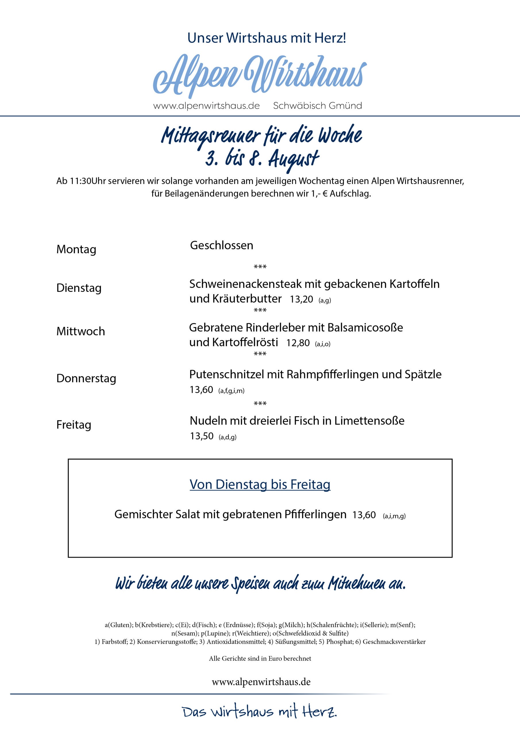 Wochenkarte, wechselnde Gerichte, Alpen Wirtshaus