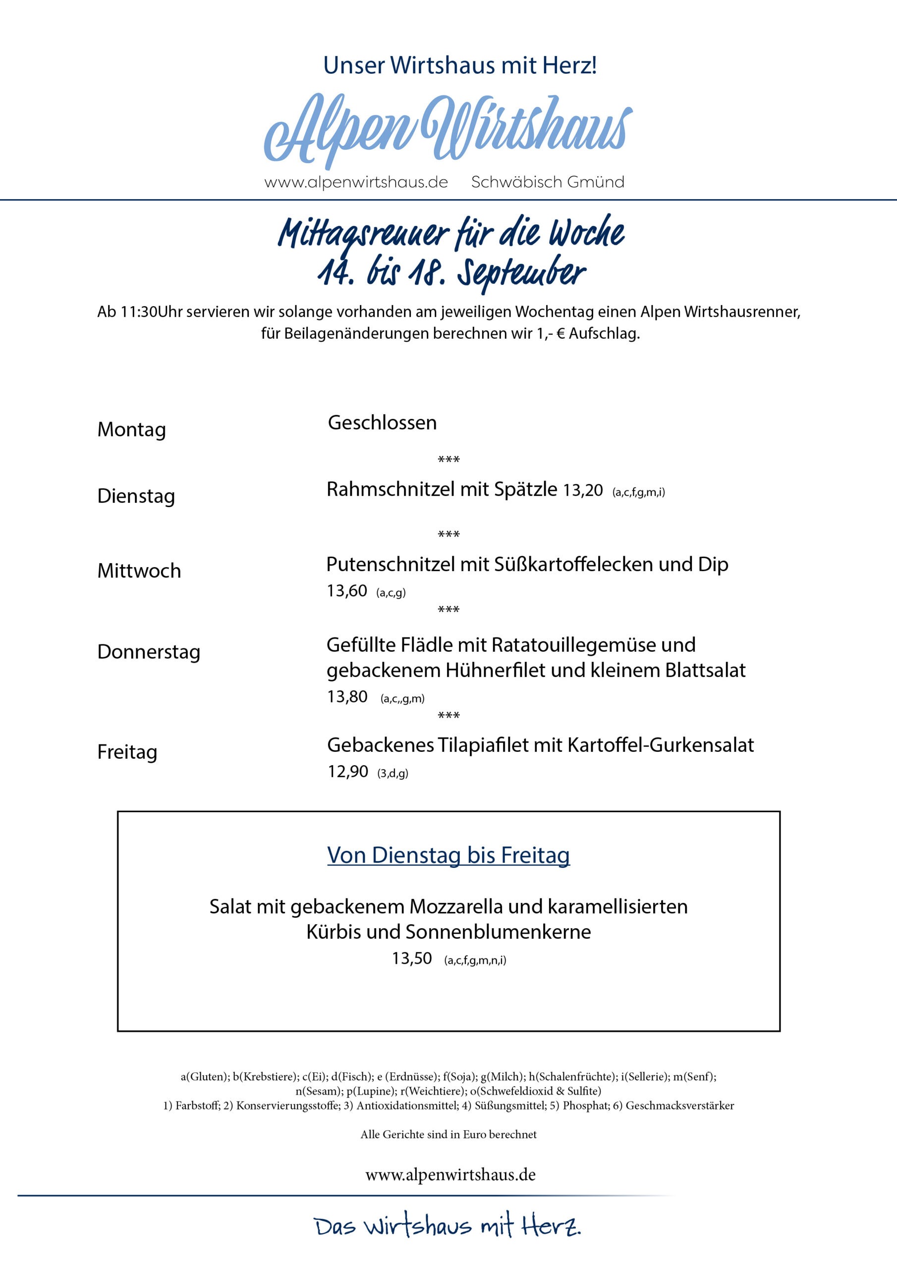 Wochenkarte, wechselnde Gerichte, Alpen Wirtshaus