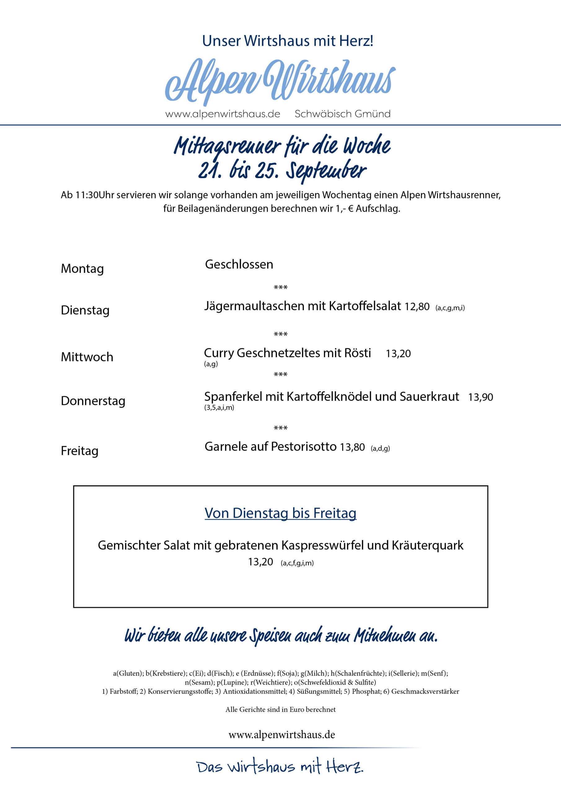 Wochenkarte, wechselnde Gerichte, Alpen Wirtshaus