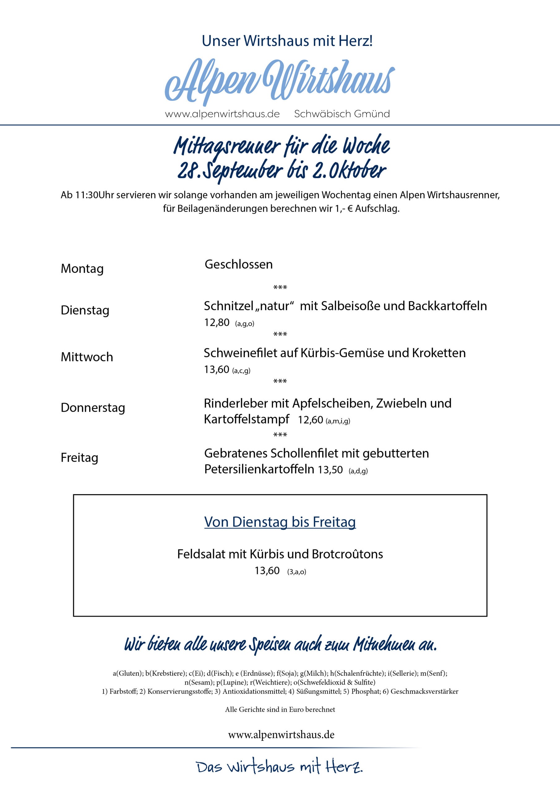 Wochenkarte, wechselnde Gerichte, Alpen Wirtshaus