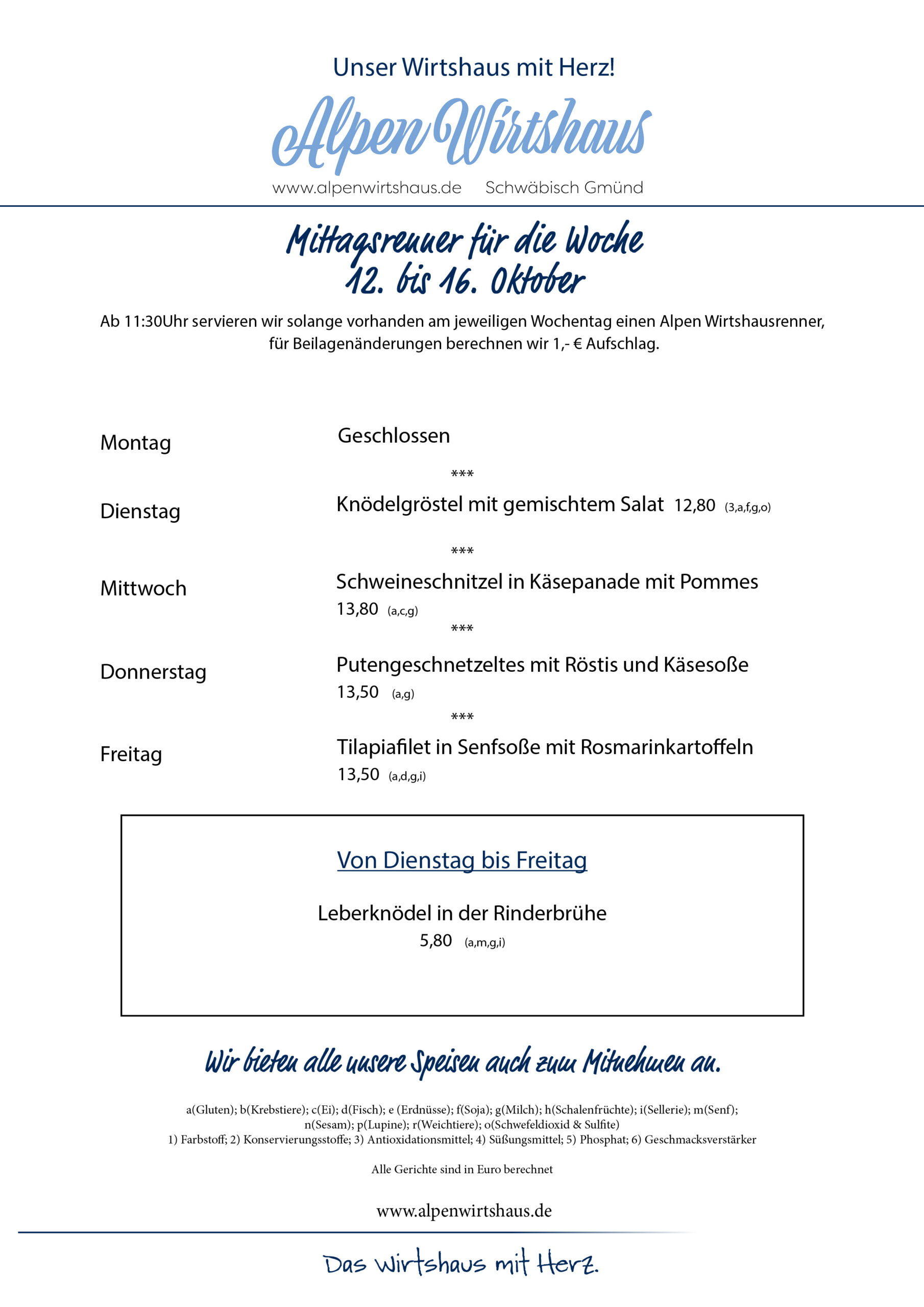 Wochenkarte, wechselnde Gerichte, Alpen Wirtshaus