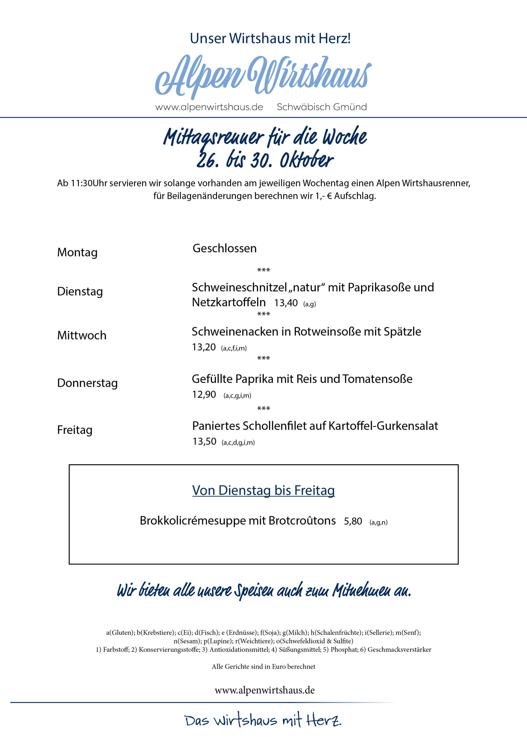 Wochenkarte, wechselnde Gerichte, Alpen Wirtshaus